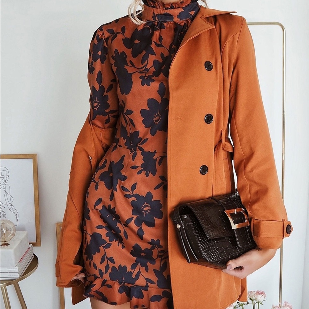 Kiara High Neck Rust Long Sleeve Floral Dress
